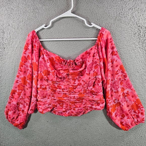 Free People Tops - Free People Pink Floral Rosette Ruched Crop Top Long Balloon Sleeve‎ Womens L